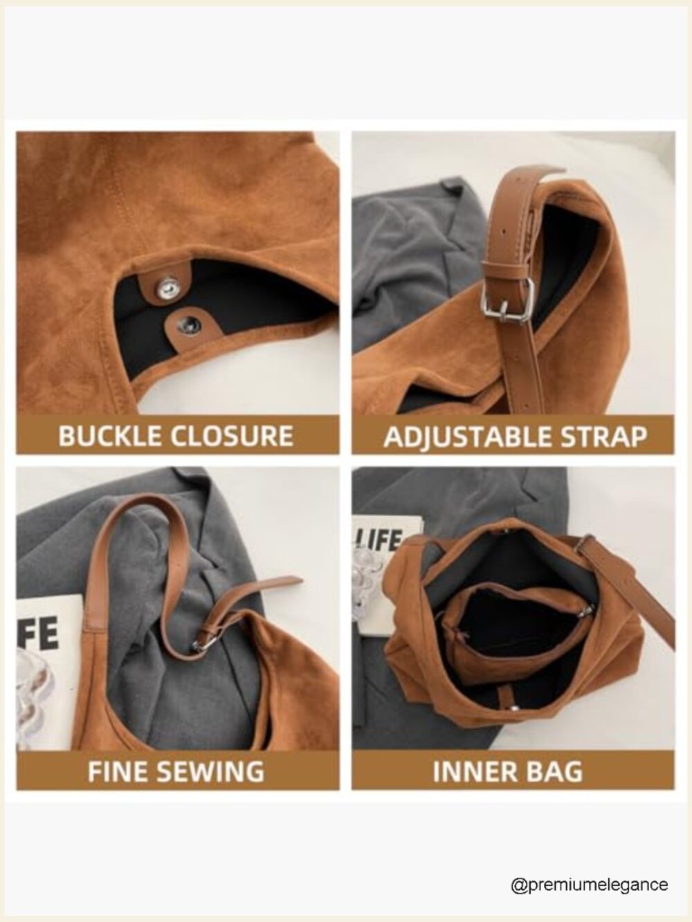 Slouchy Suede Hobo Bag Faux Leather Tote Shoulder Work Bag - Picture 2 of 7